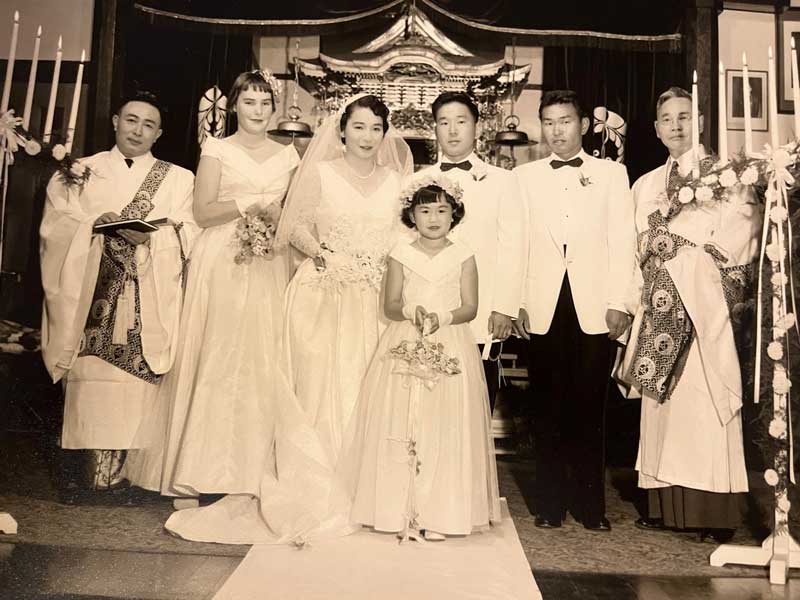 Winifred Numazu and Akira Yamada, wedding at Santa Barbara Buddhist Church, June 26, 1955