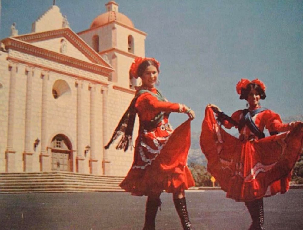 Irma and her friend, Connie, performing at Mission Santa Bárbara during Fiesta, 1970