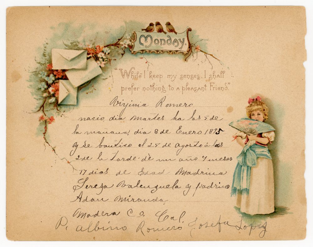 Baptismal record for Virginia Romero, 1895