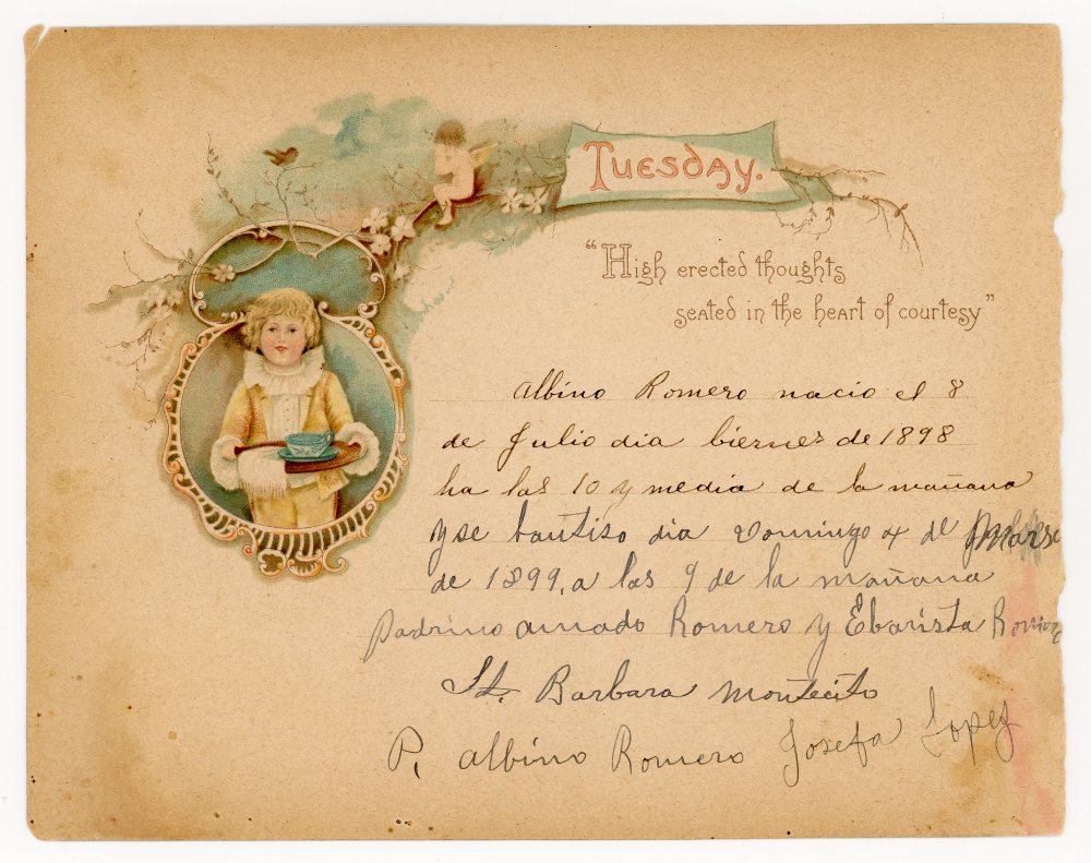 Baptismal record for Alvino Romero, 1898